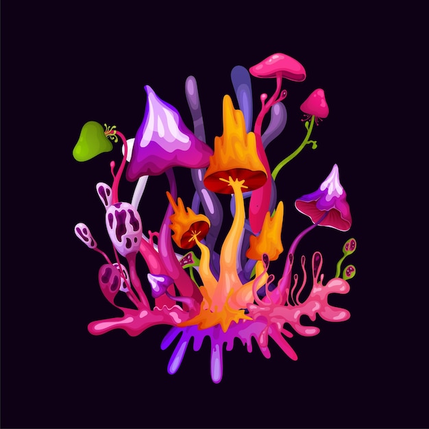 Vetor grátis composição fluorescente de desenho animado psicodélico com cogumelos coloridos mágicos brilhantes em ilustração vetorial de fundo preto