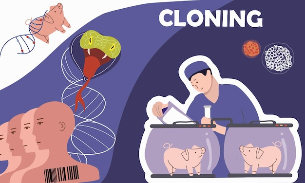 Composição genética de clonagem com colagem de cientistas de ícones planos com porcos e homens semelhantes com ilustração vetorial de códigos de barras