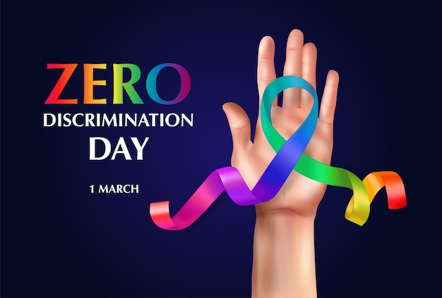 Vetor grátis composição horizontal de dia de discriminação zero com texto editável e mão humana com ilustração de fita colorida de arco-íris encaracolado