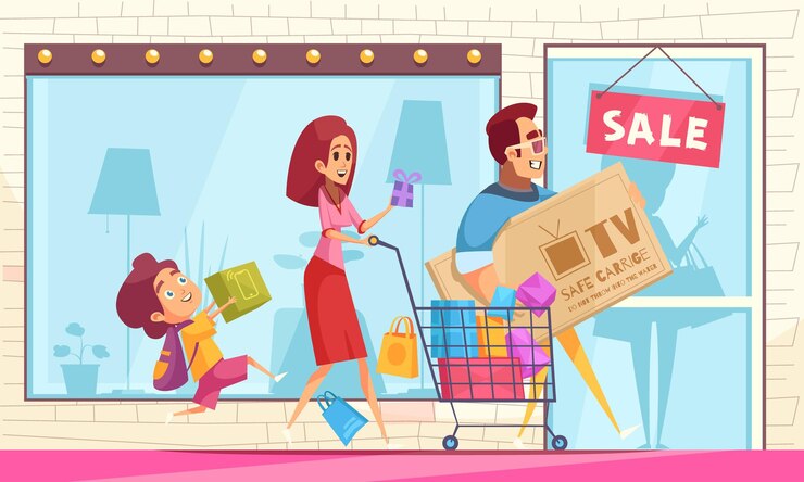 Vetor grátis composição horizontal shopaholic com montra com sinal de venda e personagens de desenhos animados de membros da família com mercadorias