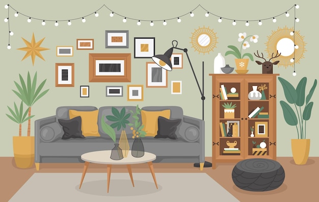 Vetor grátis composição interior da sala de estar com vista interna do apartamento moderno com pinturas de parede e ilustração vetorial de plantas em vaso