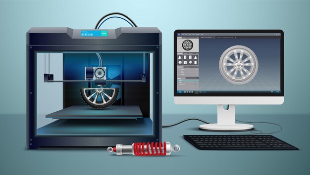 Composição isométrica com computador e ilustração em vetor processo impressão 3d