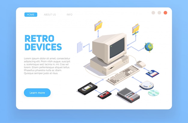 Composição isométrica com computador pessoal e outros gadgets retrô 3d