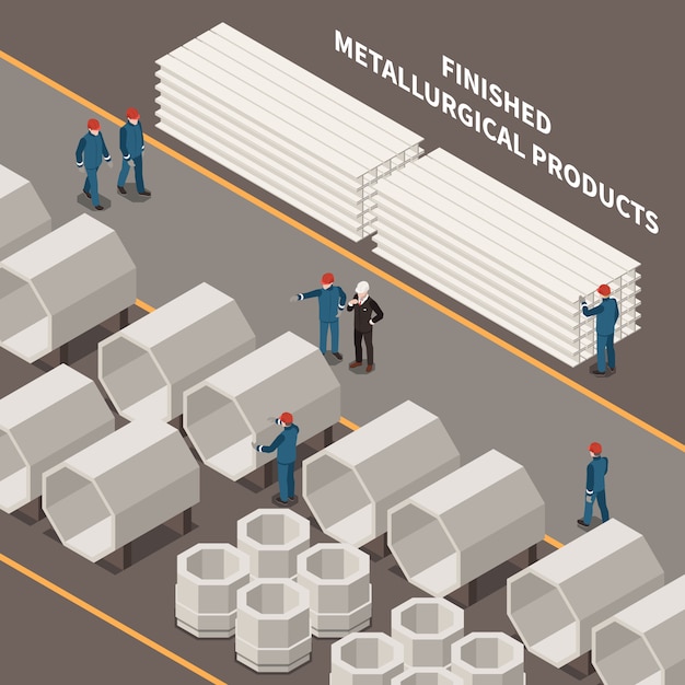 Composição isométrica da indústria metalúrgica com trabalhadores e produtos metalúrgicos ilustração em vetor 3d