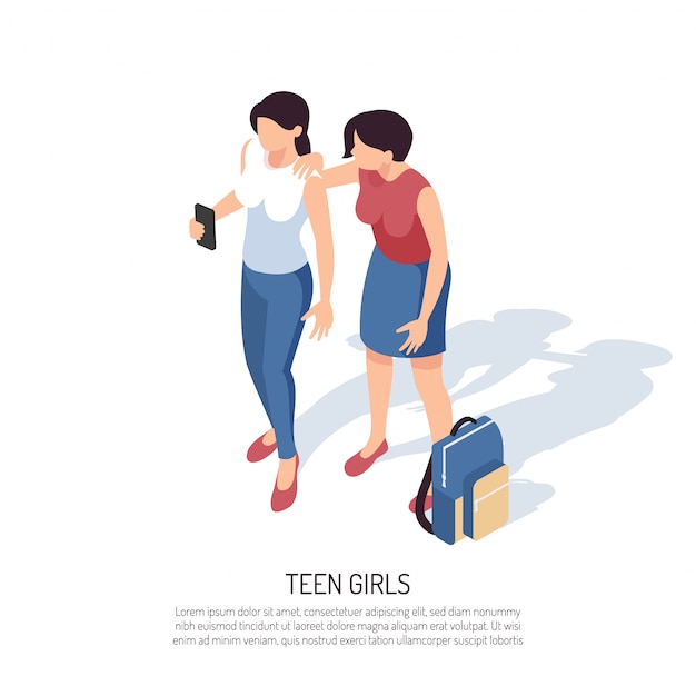 Composição isométrica de adolescente com personagens humanos de duas adolescentes com mochila smartphone e texto