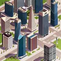 Vetor grátis composição isométrica de arranha-céus da cidade com vista realista do bloco de cidade moderna com edifícios altos e ilustração vetorial de torres