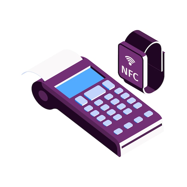 Vetor grátis composição isométrica de banco móvel online com ícones de relógio inteligente e ilustração vetorial de terminal de pagamento