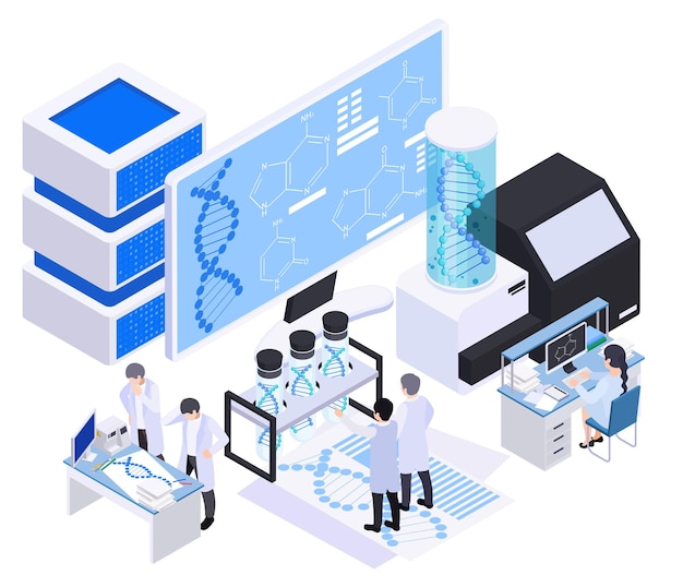 Composição isométrica de biotecnologia com ícones de cientistas de rack de servidor de tela de computador e tubos de ensaio com ilustração vetorial de dna