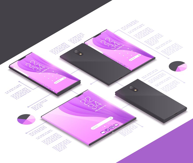 Vetor grátis composição isométrica de conceitos de gadgets dobráveis com modelos de próxima geração de tablets eletrônicos, smartphones e ilustração de texto,