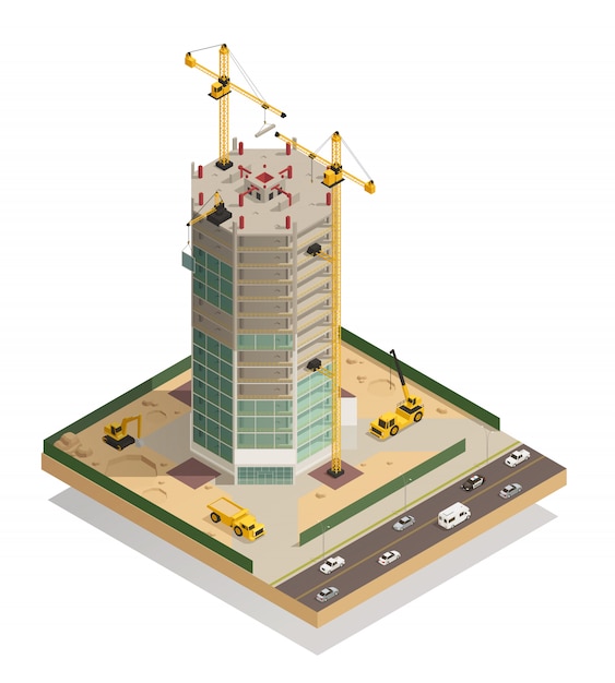 Composição isométrica de construção de arranha-céu