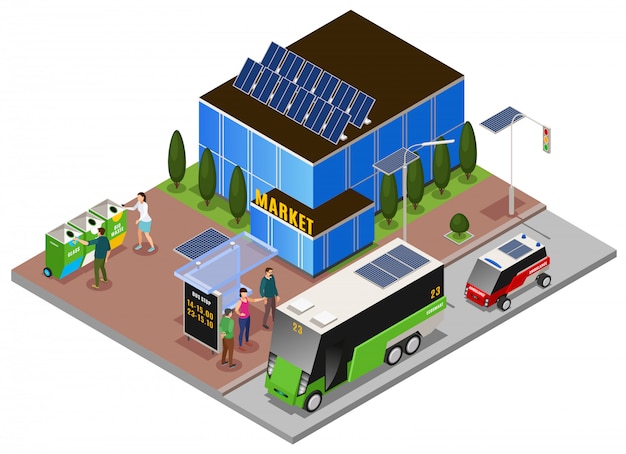 Vetor grátis composição isométrica de ecologia urbana inteligente com a construção de baterias solares e lixeiras com parada de ônibus elétrico