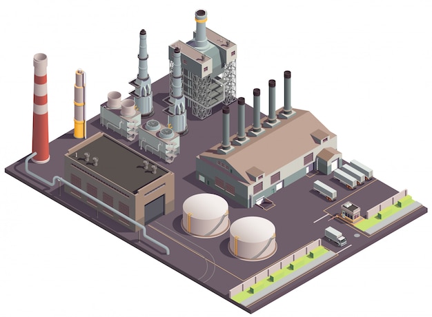 Composição isométrica de edifícios industriais com instalações de fábrica de cenário de área de planta enormes edifícios de tecido e unidades de transporte