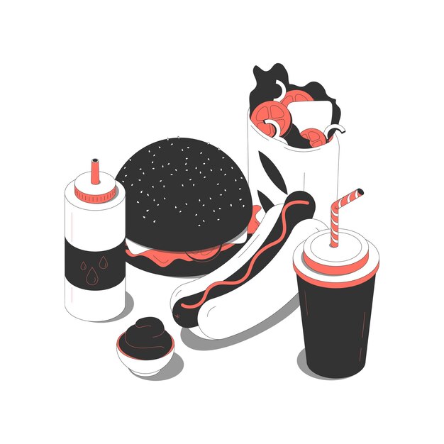 Composição isométrica de fast food com imagens de kebab de cachorro-quente de hambúrguer e bebidas com ilustração vetorial de molho