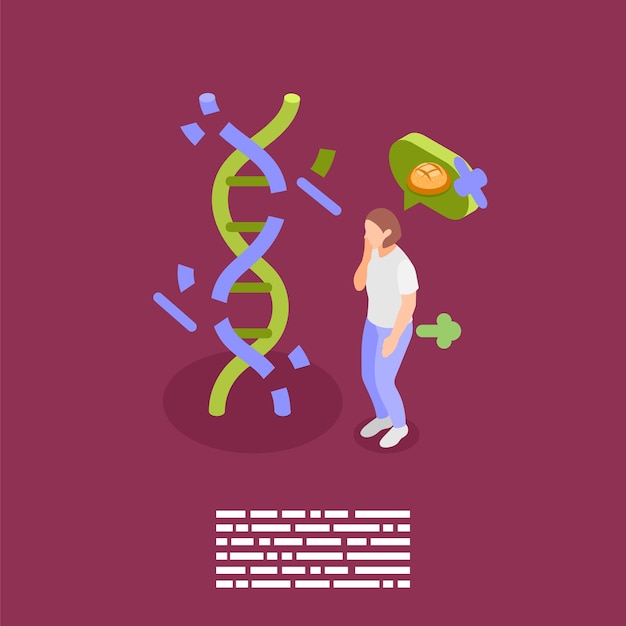 Vetor grátis composição isométrica de fundo de intolerância ao glúten com visão de dna quebrado e personagem humano pensando em ilustração vetorial de comida