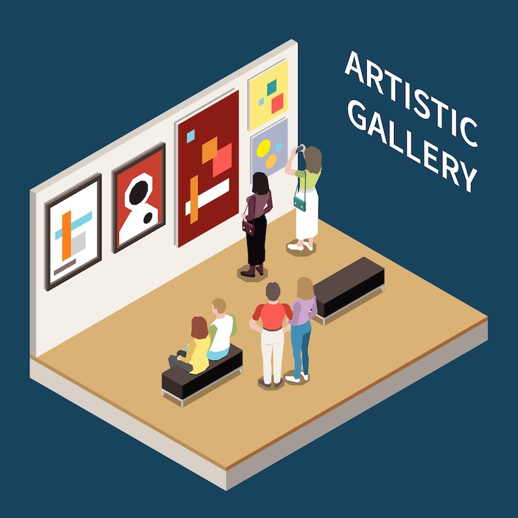 Vetor grátis composição isométrica de galeria artística com pessoas olhando fotos de ilustrações de artistas modernos