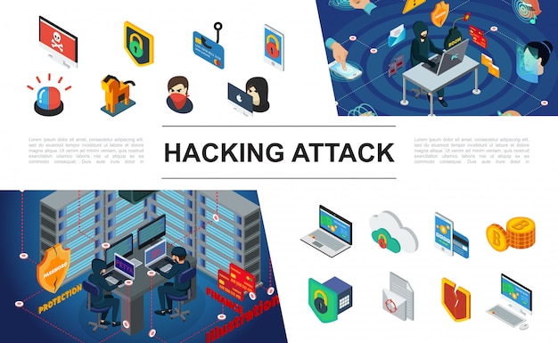 Composição isométrica de hackers com sirene de hackers protege servidores de computador proteção autorização biométrica que dinheiro rouba do cartão de pagamento