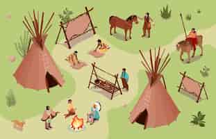 Vetor grátis composição isométrica de índios americanos com vista ao ar livre de wigwams cavalos domesticados fogueiras e pessoas secando a pele ilustração vetorial