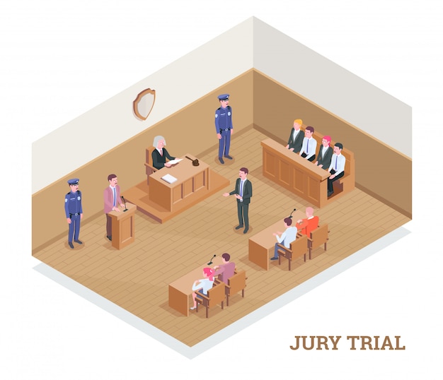 Composição isométrica de justiça lei com texto e vista da sala do tribunal durante a sessão com ilustração de personagens humanos