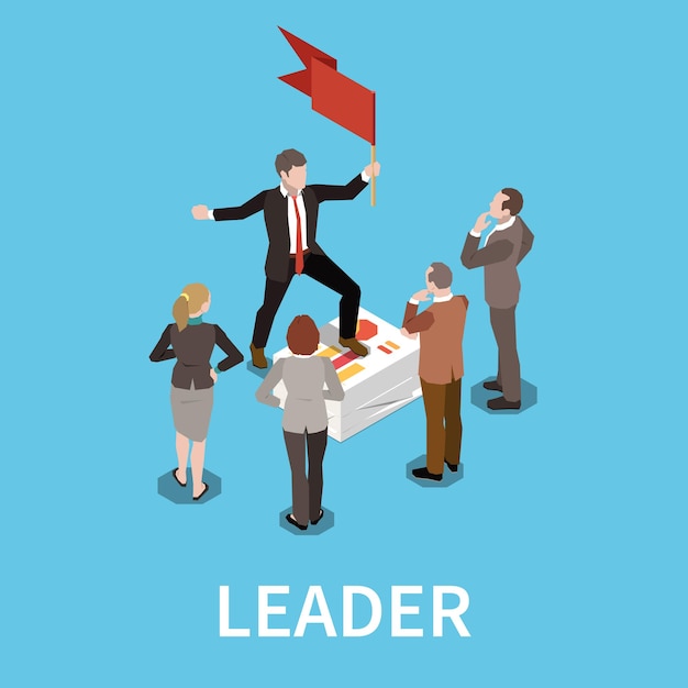 Composição isométrica de liderança com texto e caracteres humanos de trabalhadores da equipe em torno do homem com a bandeira