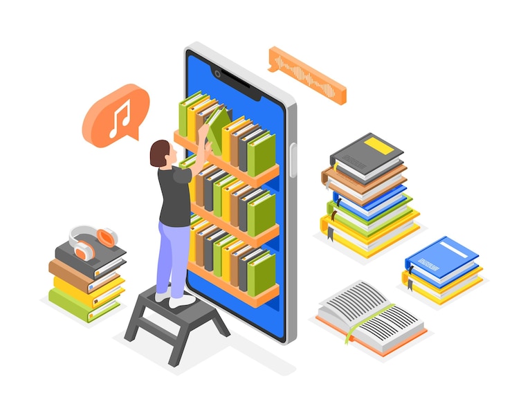 Vetor grátis composição isométrica de livros de áudio com personagem de bibliotecária feminina com prateleiras de livros dentro da ilustração vetorial do quadro de tela do smartphone