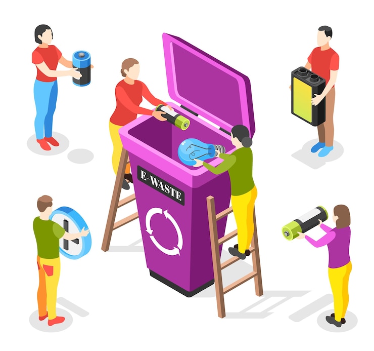 Vetor grátis composição isométrica de lixo eletrônico com personagens humanos sem rosto segurando baterias gastas e lâmpadas com ilustração de lixeira