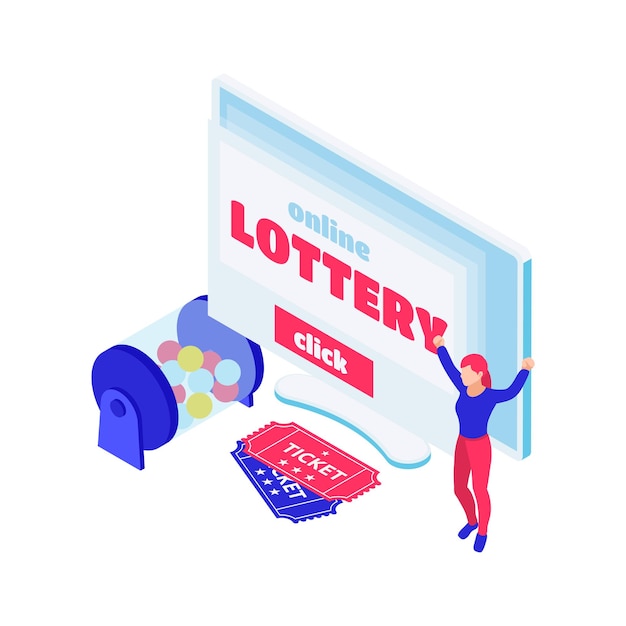 Composição isométrica de loteria online com bilhetes de bolas de bingo colorfil e personagem feliz