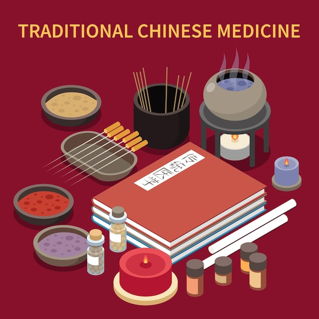 Composição isométrica de medicina alternativa com pilha de livros chineses com frascos de pratos e frascos ilustração vetorial de agulhas de acupuntura