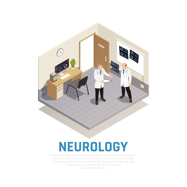 Composição isométrica de neurologia e pesquisa neural com símbolos de saúde