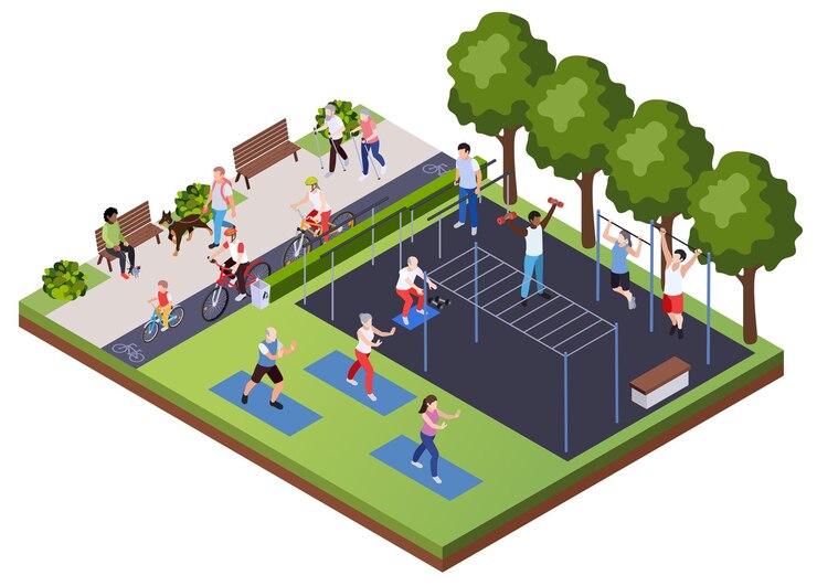 Vetor grátis composição isométrica de pessoas de atividade física esportiva regular com cenário ao ar livre e playground atlético com ilustração vetorial de personagens humanos