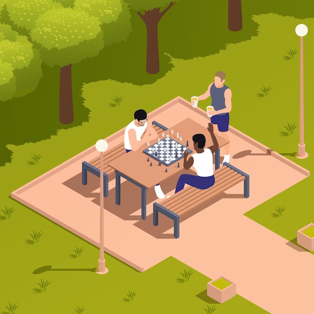 Composição isométrica de pessoas sentadas com cenário de parque ao ar livre e amigos jogando xadrez à mesa em bancos ilustração vetorial