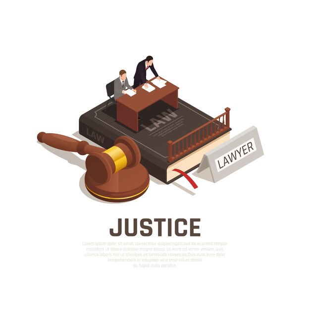 Composição isométrica de procedimentos de tribunal de justiça lei no livro de código civil com malho de réu de advogado de defesa