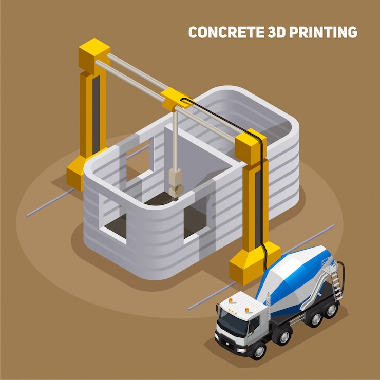 Vetor grátis composição isométrica de produção de concreto com vista do edifício impresso 3d em construção com caminhão de mistura de cimento