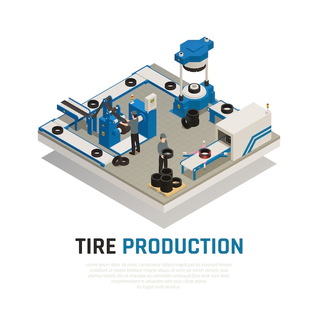 Composição isométrica de produção de pneus com equipamentos industriais para fabricação e manutenção de rodas de automóveis