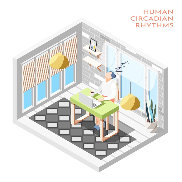 Composição isométrica de ritmos circadianos humanos com quarto isolado e mulher dormindo na ilustração da mesa