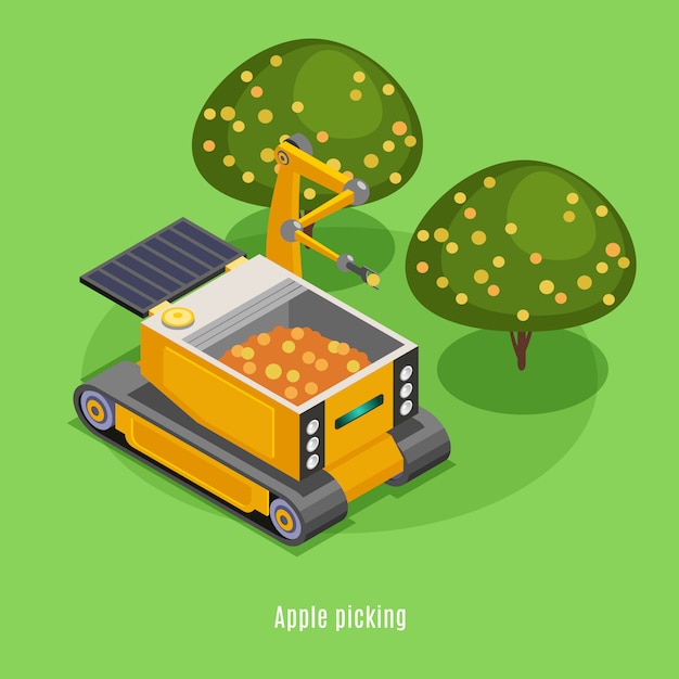 Vetor grátis composição isométrica de robôs de colheita agrícola com máquinas de braço robótico automatizado que colhem frutos de fundo de árvores
