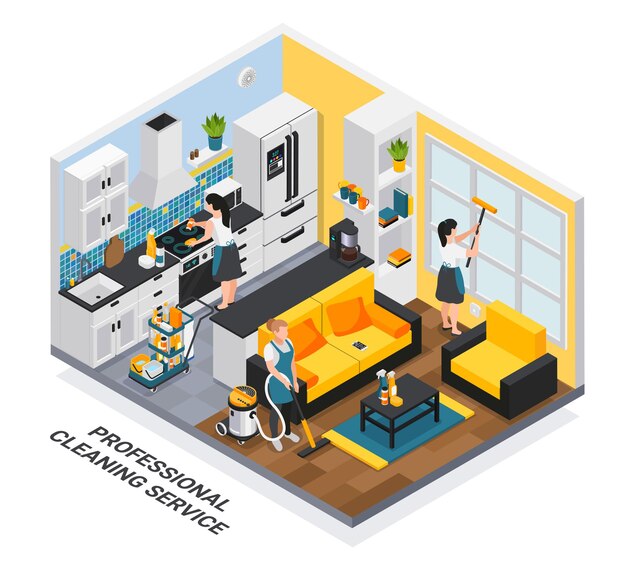Composição isométrica de serviço de limpeza profissional com vista interna de apartamento privado sendo limpo por grupo de trabalhadores