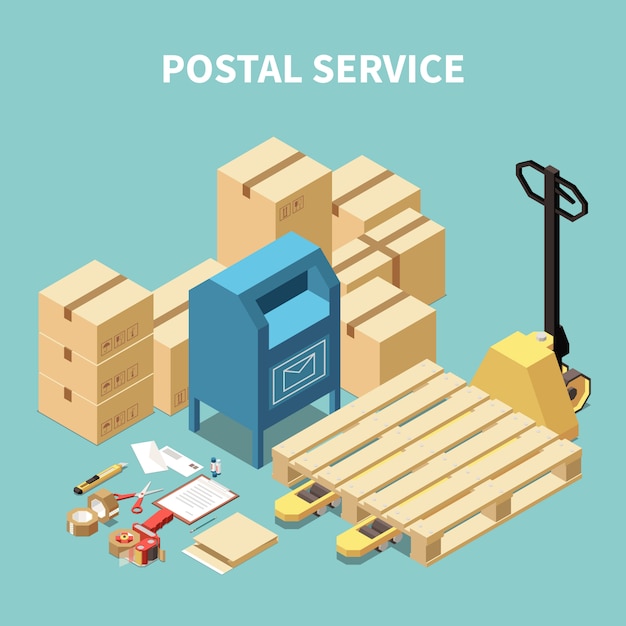 Composição isométrica de serviço postal com caixas de papelão e objetos de papelaria