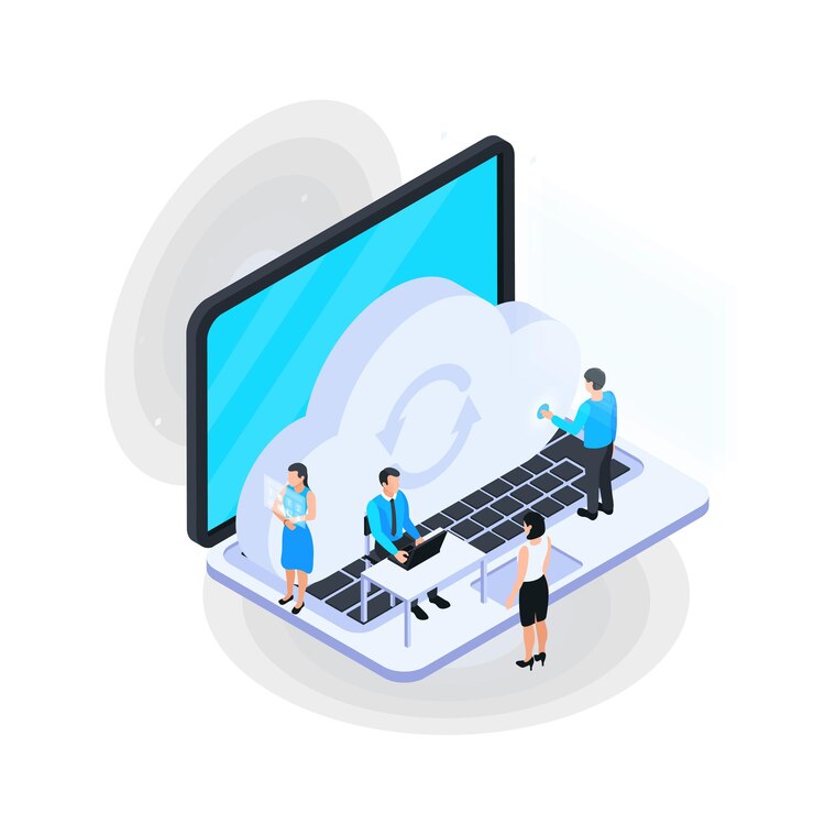 Vetor grátis composição isométrica de serviços em nuvem com imagem de laptop com pequenos personagens humanos e ilustração vetorial de ícone de nuvem