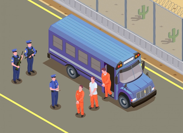 Vetor grátis composição isométrica de transporte de prisioneiros com guardas de segurança assistindo criminosos condenados em uniforme saindo da ilustração de van