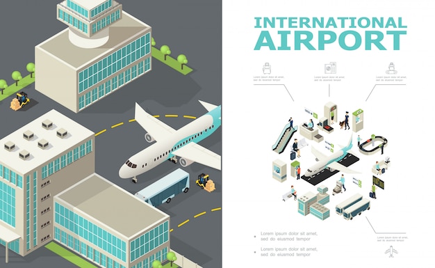 Vetor grátis composição isométrica do aeroporto internacional com edifícios de ônibus de avião mesa de check-in controles personalizados e passaporte passageiros partida placa bagagem correia transportadora