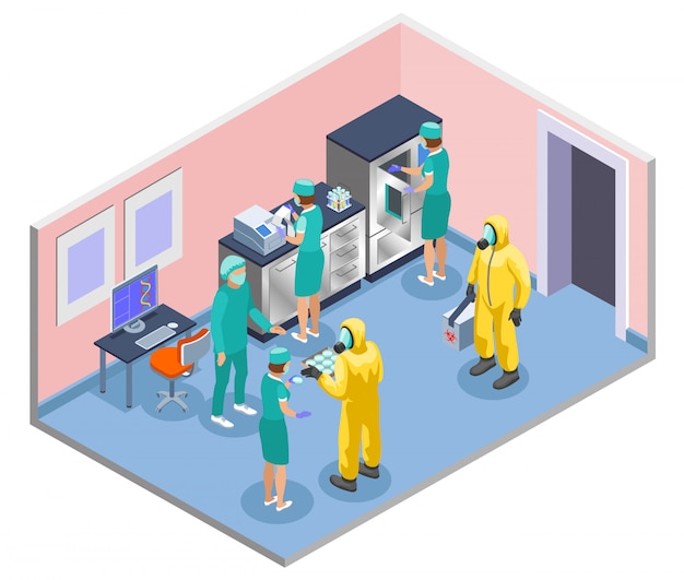 Composição isométrica e colorida de microbiologia com cientistas em jalecos de laboratório e ilustração de máscaras médicas