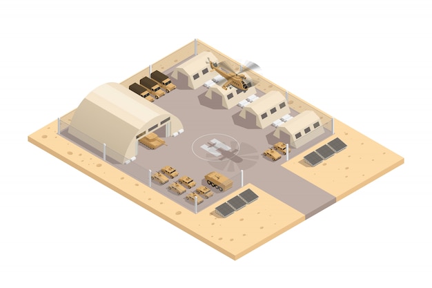 Composição isométrica militar da cor bege com com o heliporto e a ilustração guardada estacionamento do vetor da área