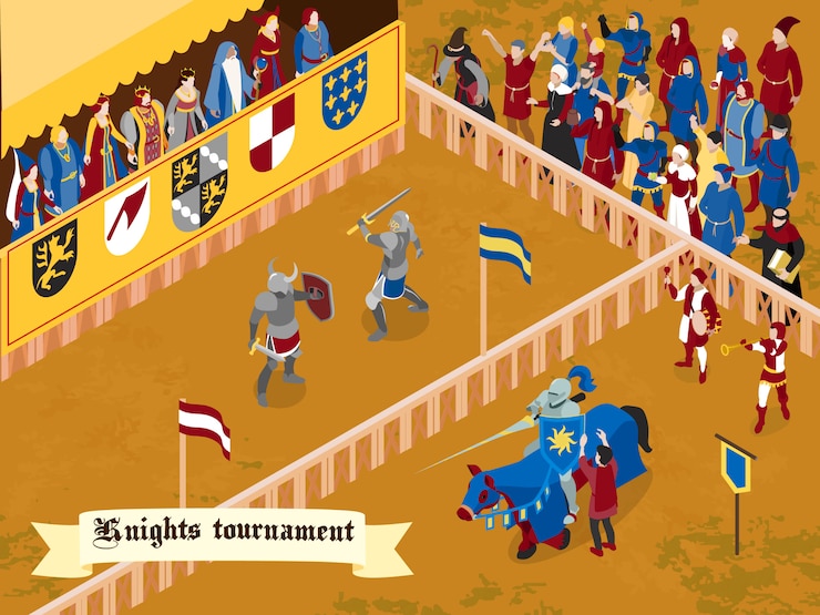Vetor grátis composição medieval colorida e isométrica com título de torneio de cavaleiros em fita branca