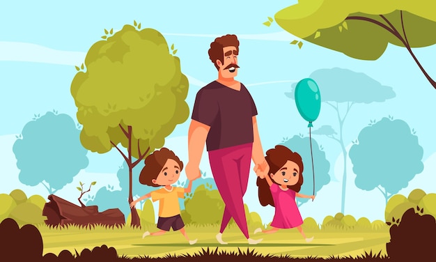 Composição pai filho filha com cenário de parque ao ar livre e personagens de desenhos animados de pai caminhando com ilustração de crianças