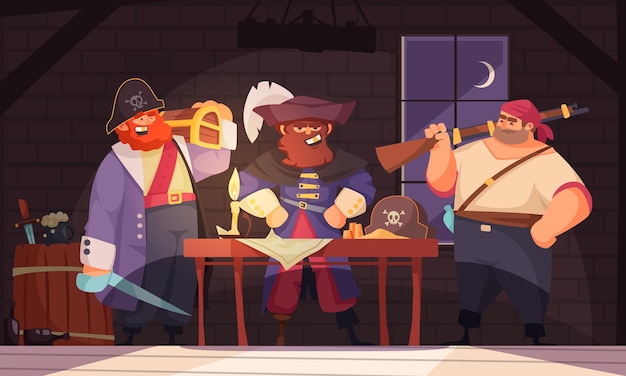 Composição pitate com cenário interno e grupo de personagens de desenhos animados de piratas com armas e mapa