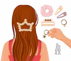 Vetor grátis composição plana com uma jovem de cabelos compridos e uma mão de cabeleireira segurando um item de bijuteria para ilustração de decoração de cabeleireiro feminino