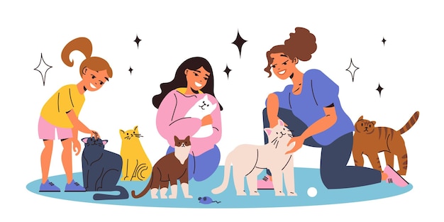 Vetor grátis composição plana de abrigo para animais de estimação com garotas felizes abraçadas com ilustração vetorial de gatos