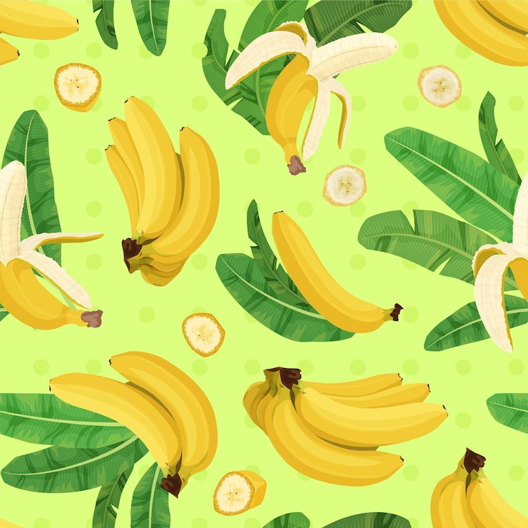 Vetor grátis composição plana de banana com padrão quadrado e conjunto de frutas de folhas de palmeira e fatias de ilustração vetorial de banana