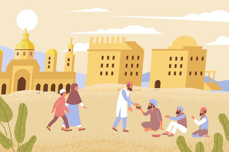 Vetor grátis composição plana de caridade para ramadã com cenário de deserto ao ar livre e muçulmanos dando esmolas para os aflitos.
