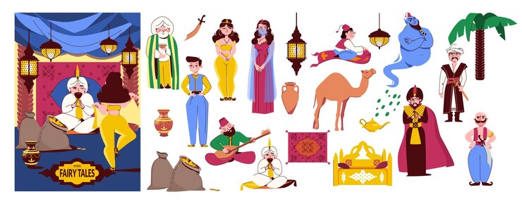 Vetor grátis composição plana de contos orientais com heróis de contos de fadas de desenho animado de ilustração vetorial isolada de contos árabes
